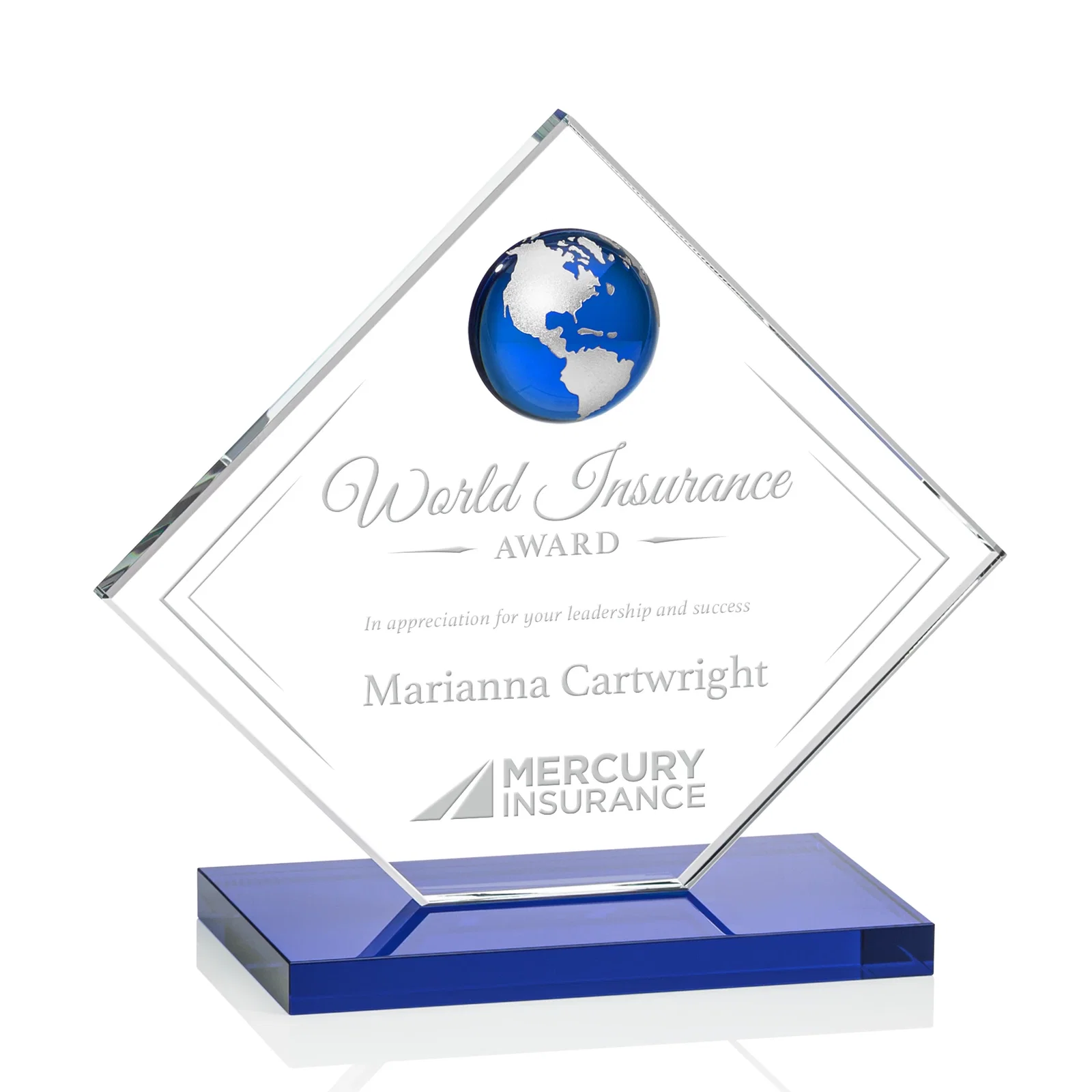 Promotional Starfire Crystal Diamond Award With Frosted Continent Globe for safety achievement programs