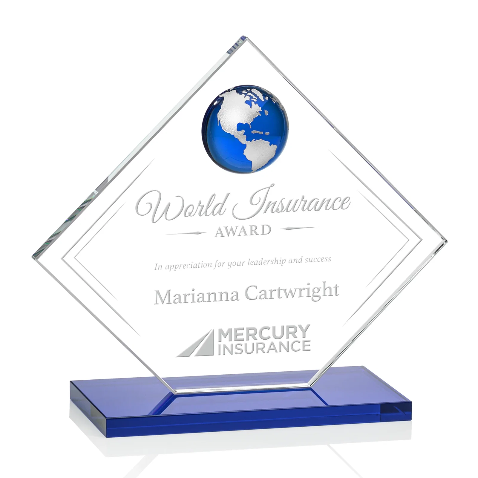 Promotional Starfire Crystal Diamond Award With Frosted Continent Globe for volunteer appreciation