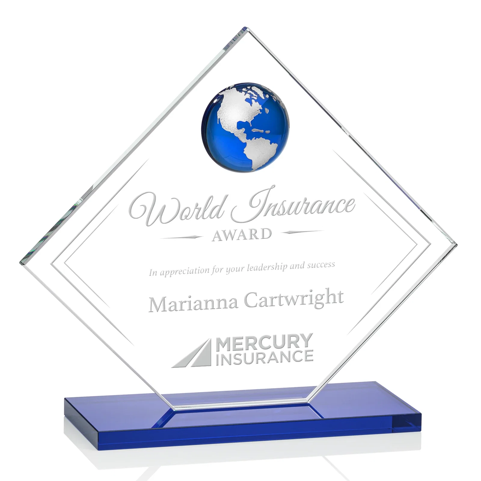 Promotional Starfire Crystal Diamond Award With Frosted Continent Globe for dealer and partner awards