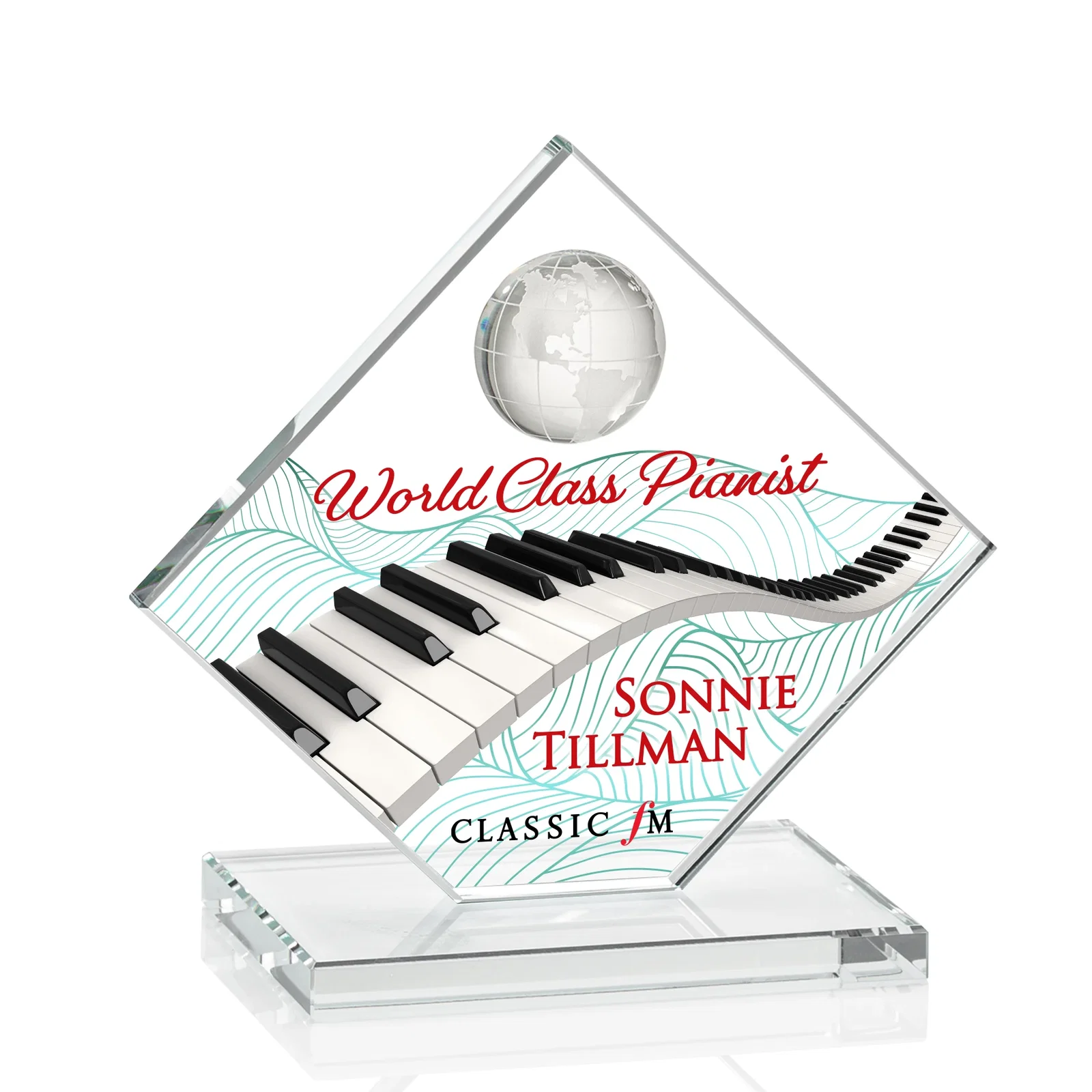 Branded Starfire Crystal Diamond Award With Frosted Continent Globe for employee recognition