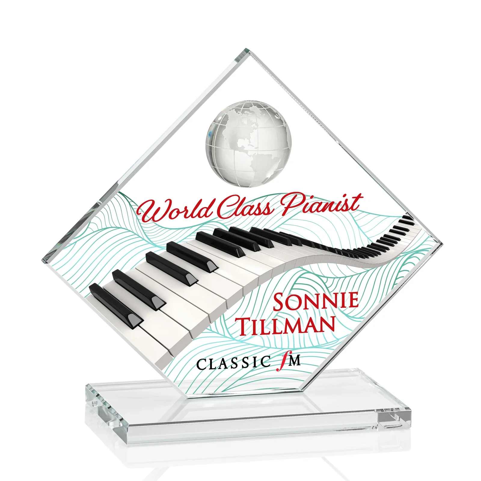 Branded Starfire Crystal Diamond Award With Frosted Continent Globe for corporate award ceremonies
