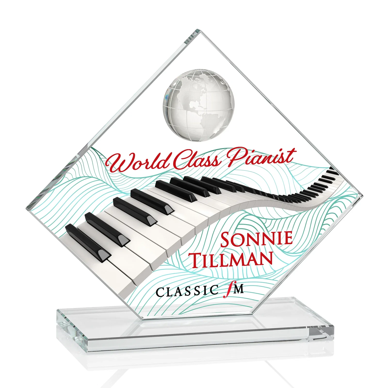 Branded Starfire Crystal Diamond Award With Frosted Continent Globe for service anniversary gifts