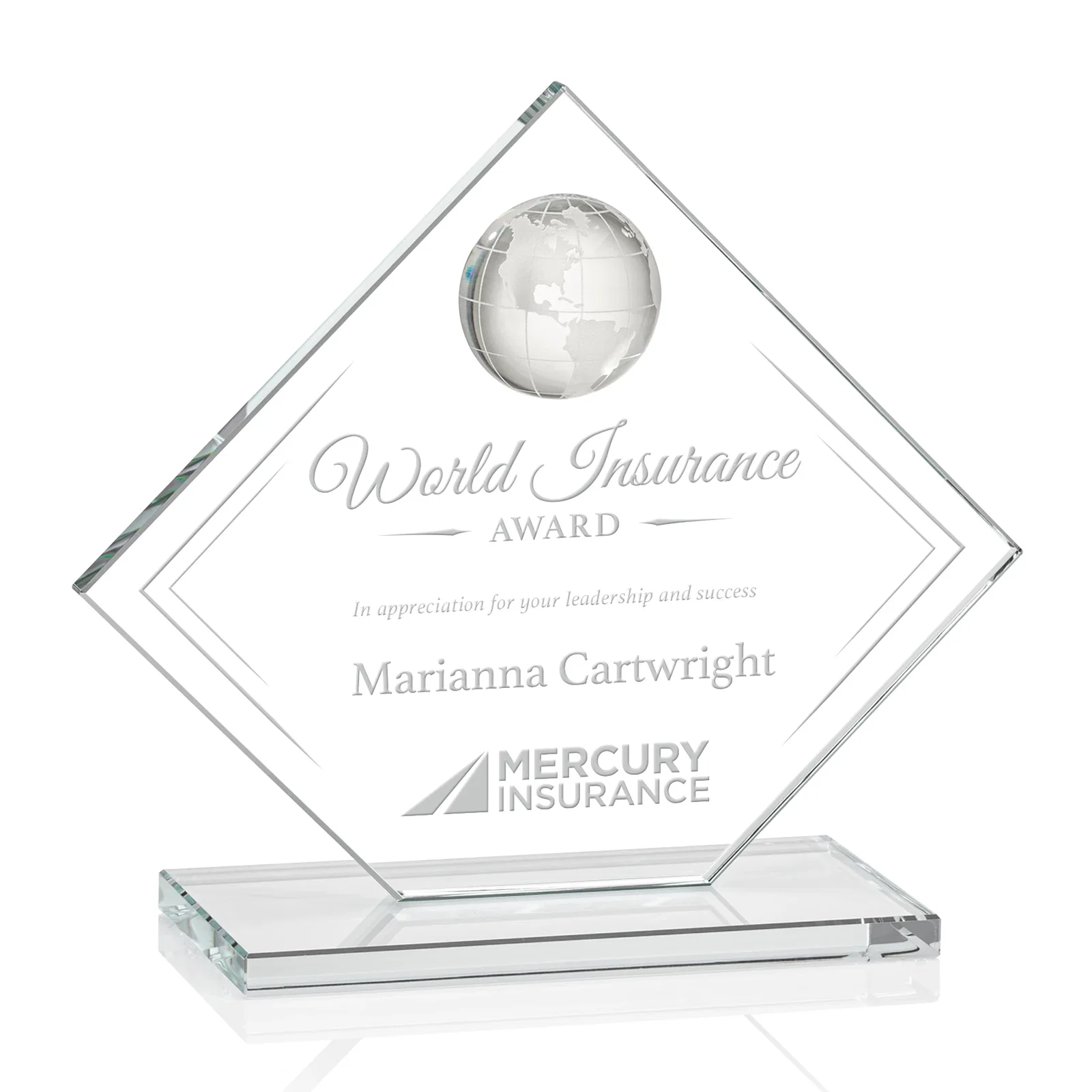 Custom Starfire Crystal Diamond Award With Frosted Continent Globe for sales achievement awards