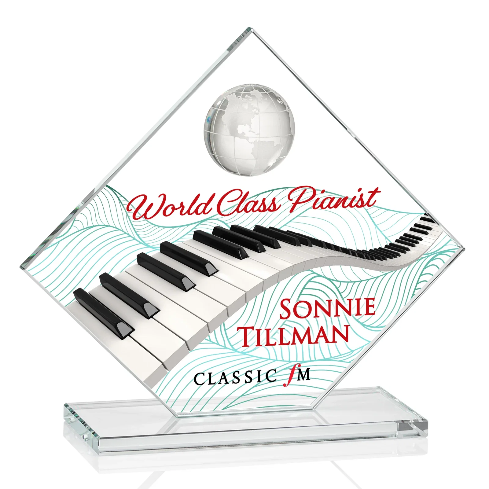 Branded Starfire Crystal Diamond Award With Frosted Continent Globe for sales achievement awards