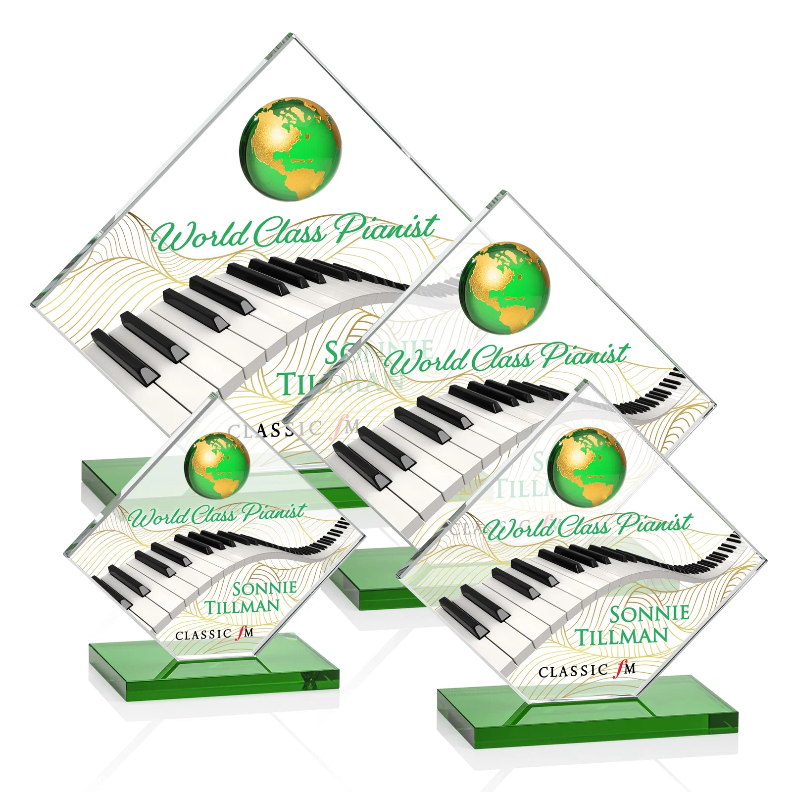 Branded Starfire Crystal Diamond Award With Frosted Continent Globe for retirement presentations