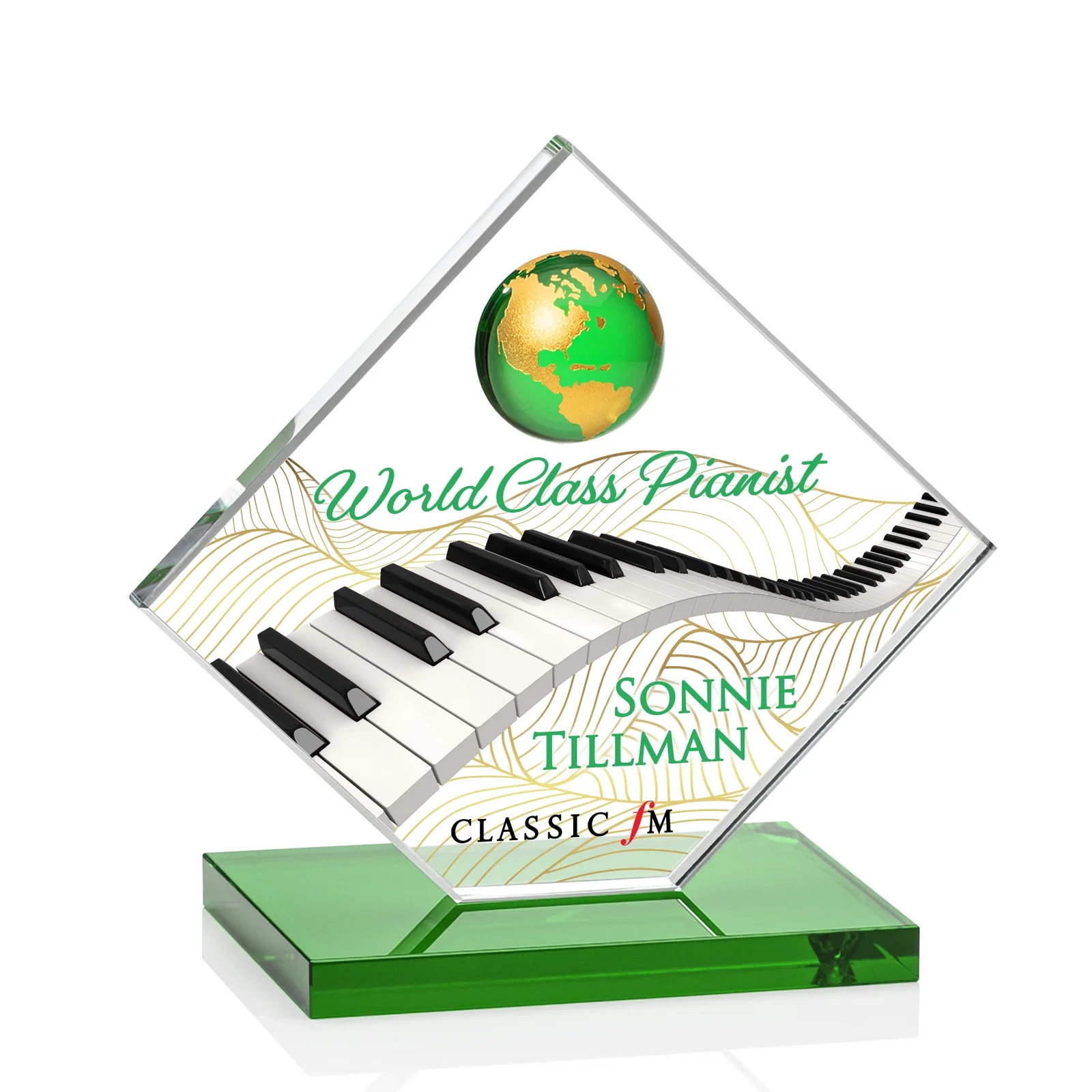 Branded Starfire Crystal Diamond Award With Frosted Continent Globe for team milestone celebrations
