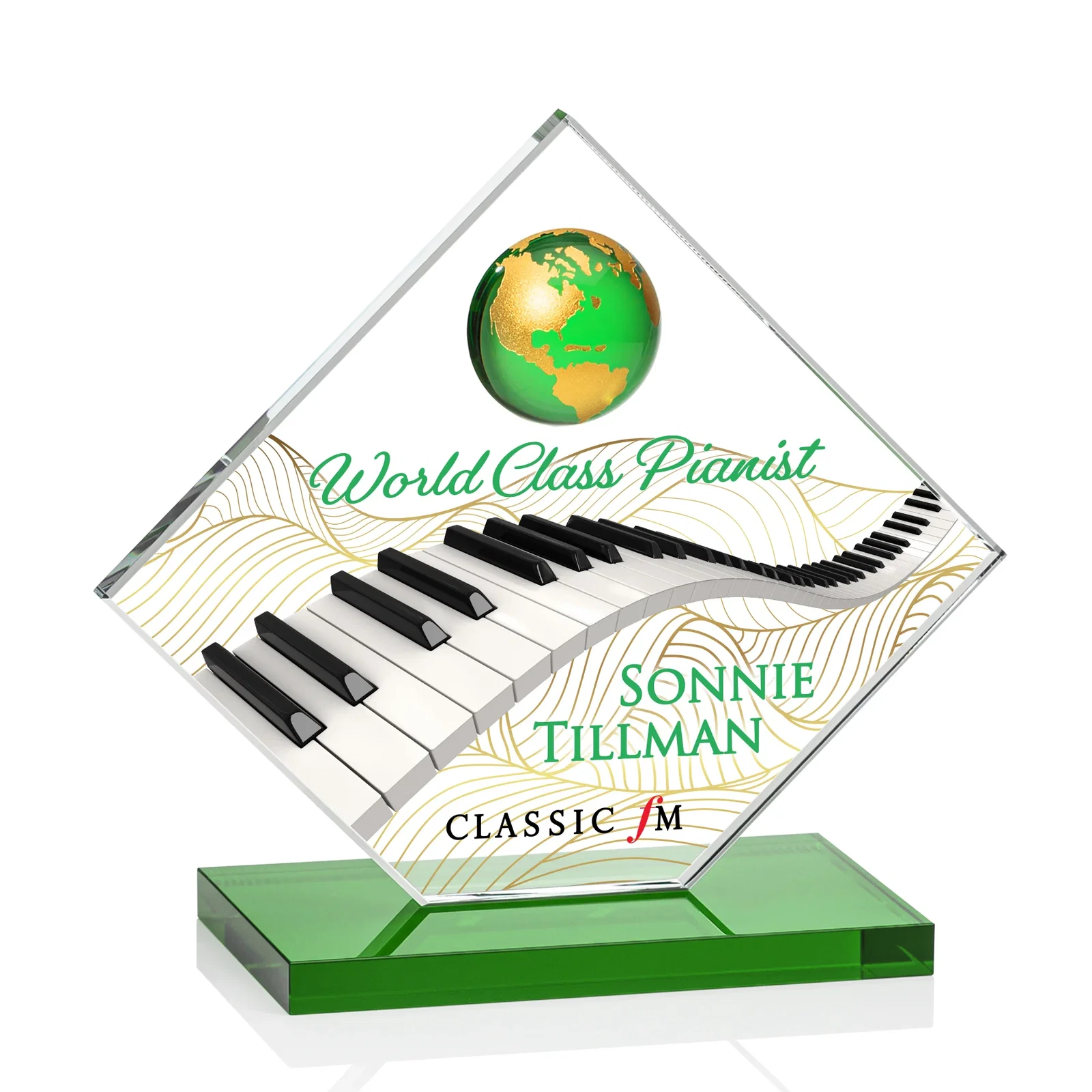 Branded Starfire Crystal Diamond Award With Frosted Continent Globe for donor appreciation