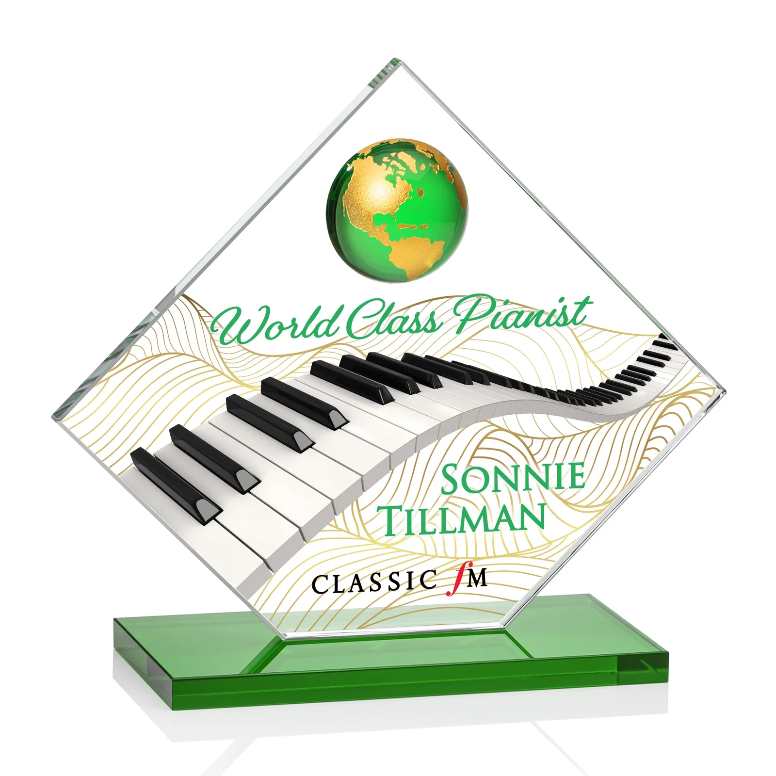 Branded Starfire Crystal Diamond Award With Frosted Continent Globe for graduation ceremonies