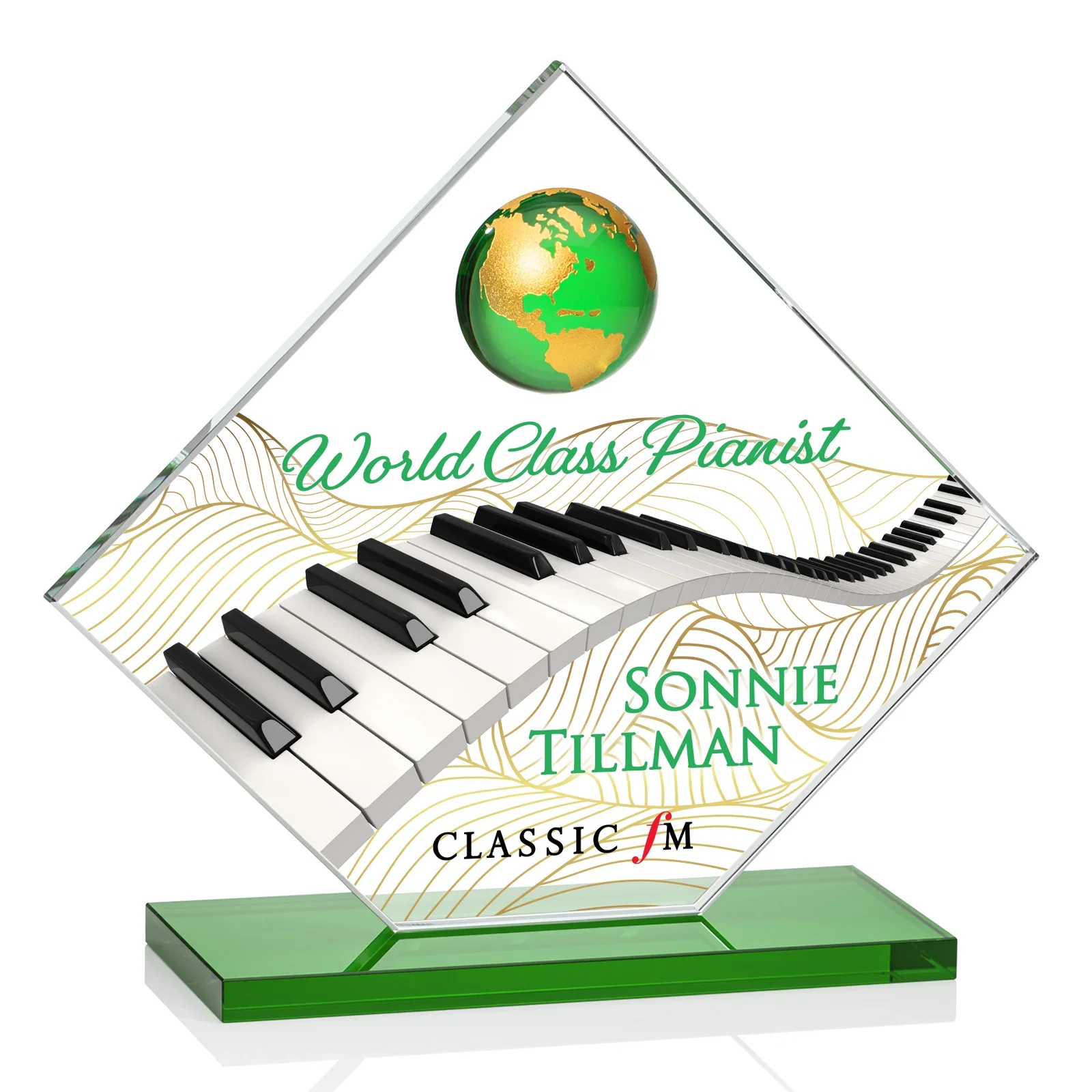 Branded Starfire Crystal Diamond Award With Frosted Continent Globe for safety achievement programs