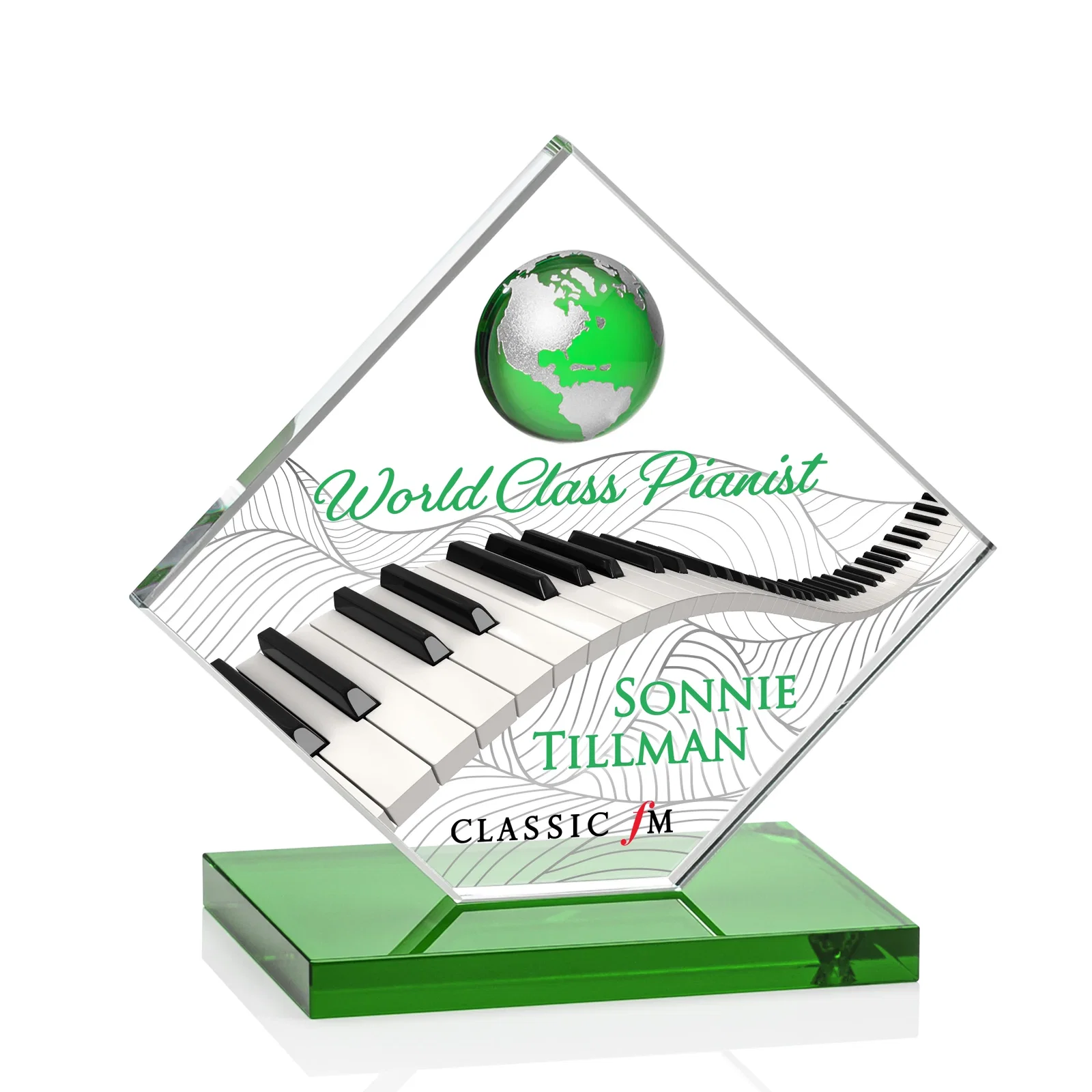 Branded Starfire Crystal Diamond Award With Frosted Continent Globe for dealer and partner awards