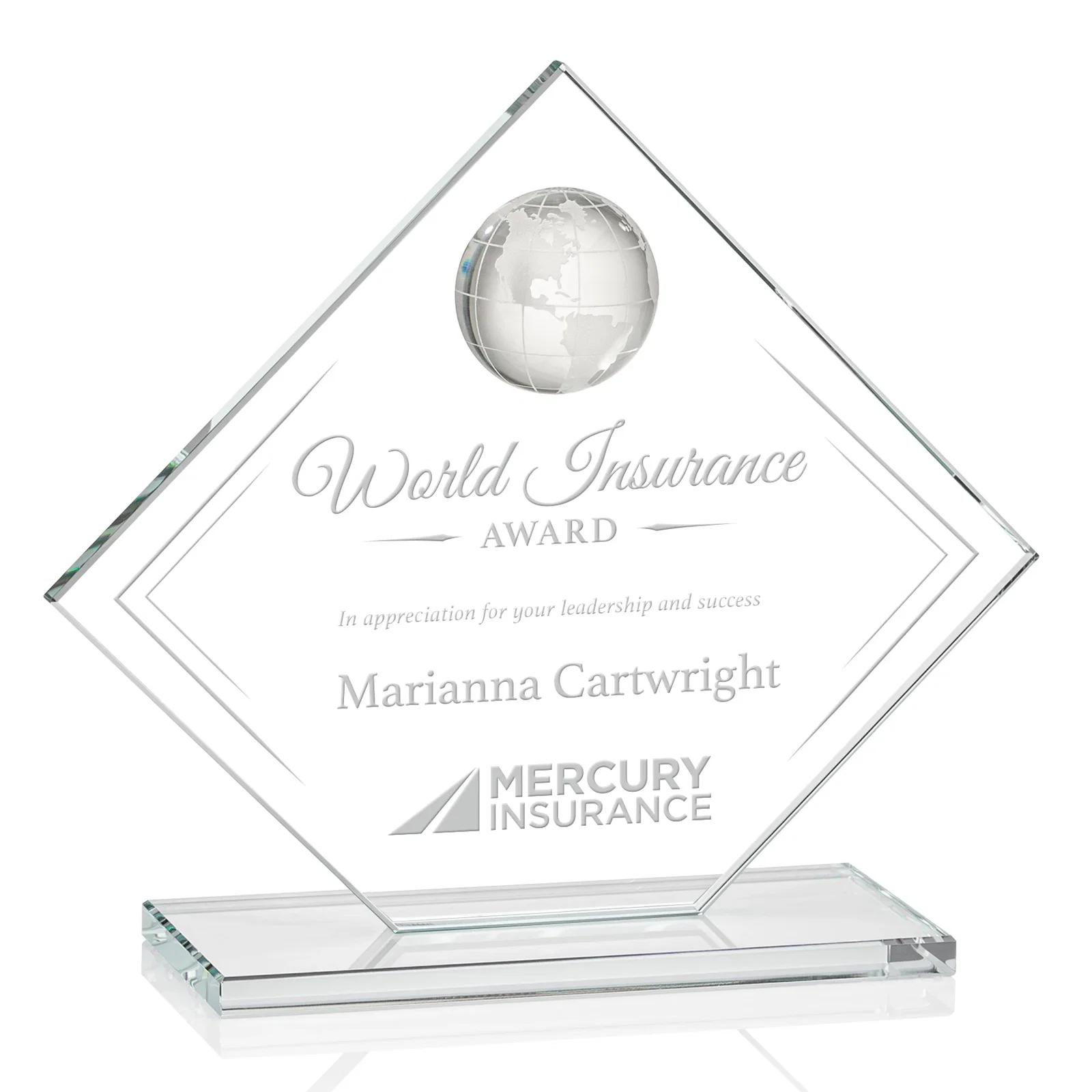 Custom Starfire Crystal Diamond Award With Frosted Continent Globe for retirement presentations