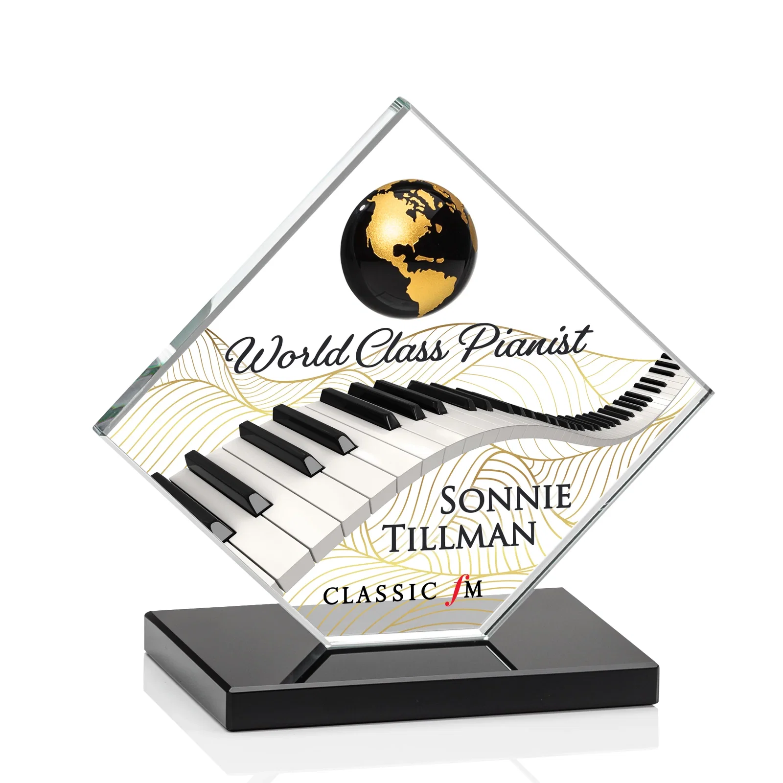 Custom printed Starfire Crystal Diamond Award With Frosted Continent Globe for sales achievement awards