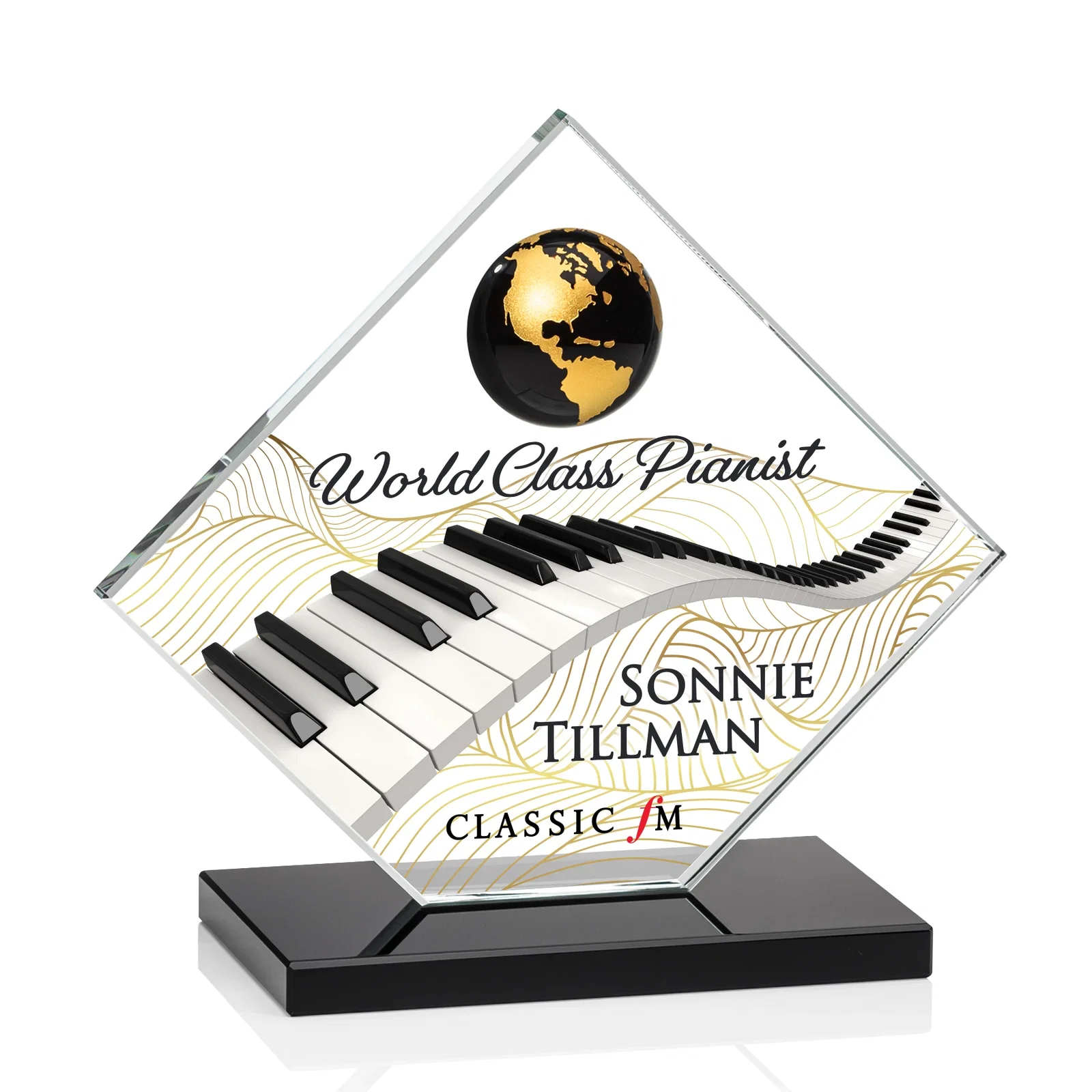 Custom printed Starfire Crystal Diamond Award With Frosted Continent Globe for retirement presentations