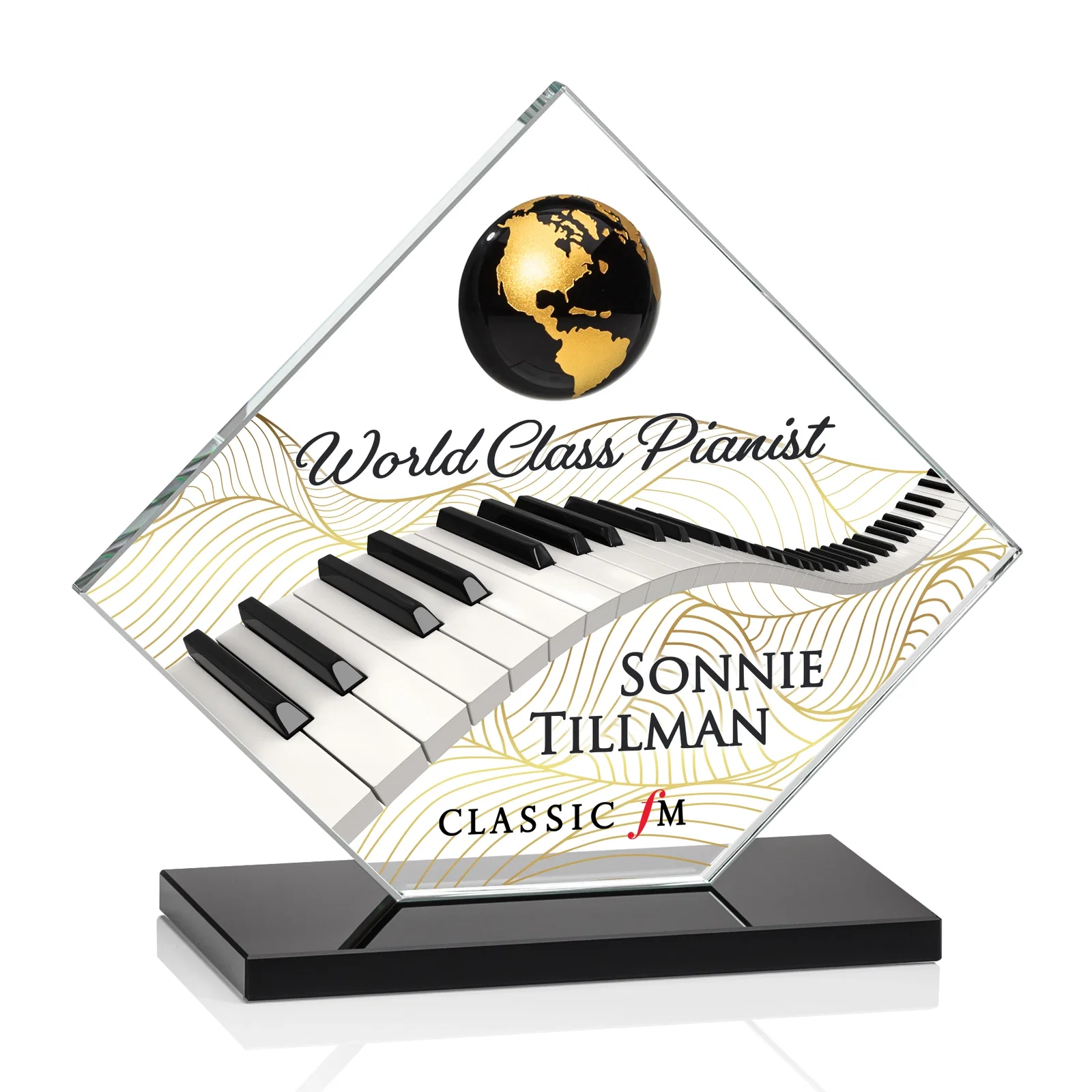 Custom printed Starfire Crystal Diamond Award With Frosted Continent Globe for team milestone celebrations