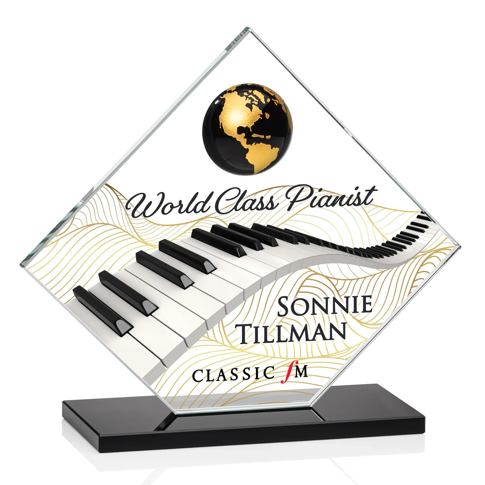 Custom printed Starfire Crystal Diamond Award With Frosted Continent Globe for donor appreciation