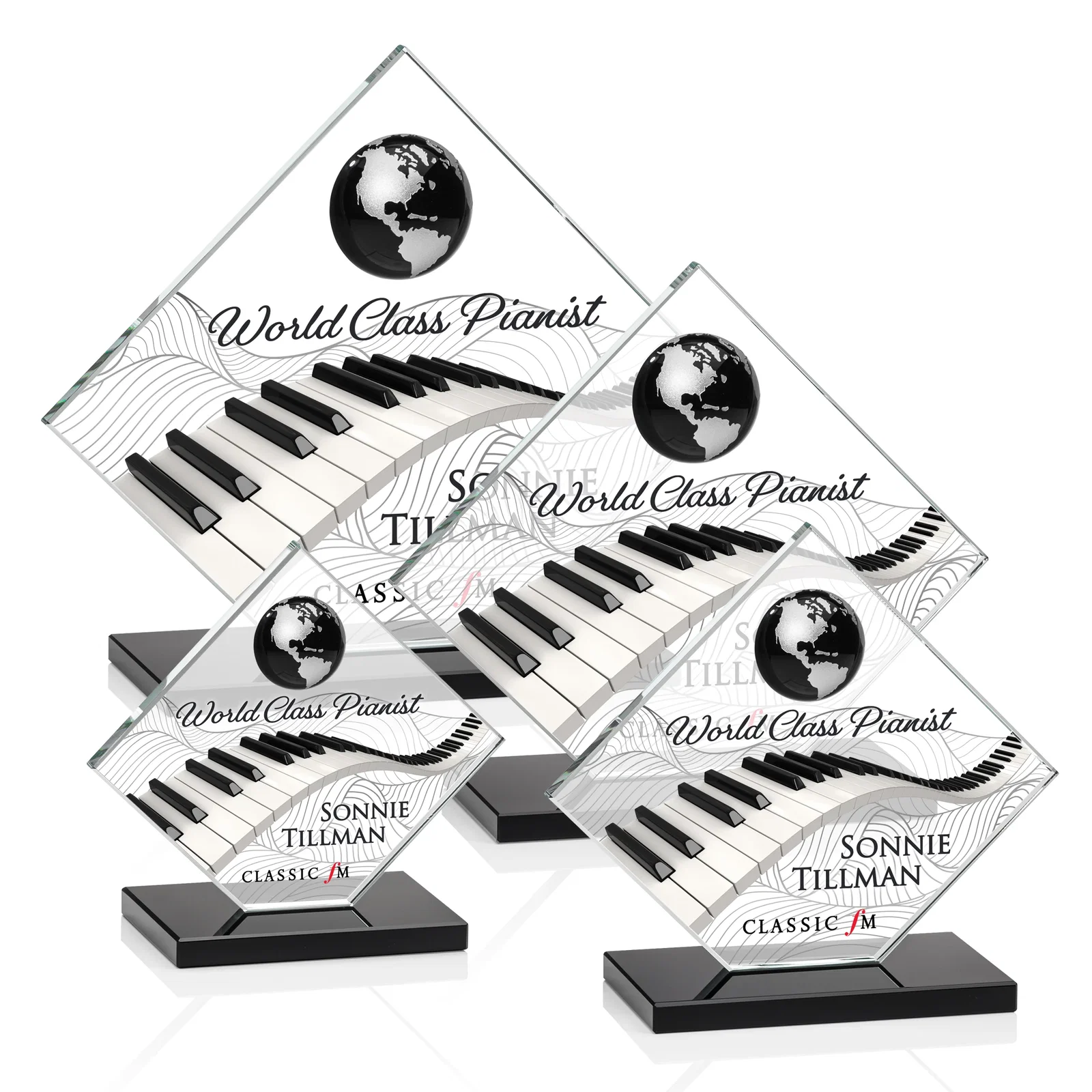 Custom printed Starfire Crystal Diamond Award With Frosted Continent Globe for graduation ceremonies