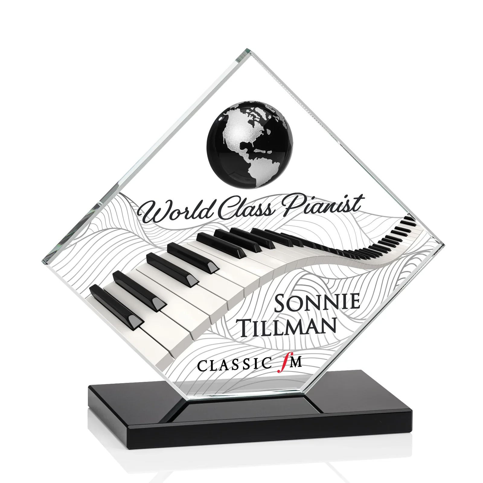 Custom printed Starfire Crystal Diamond Award With Frosted Continent Globe for volunteer appreciation