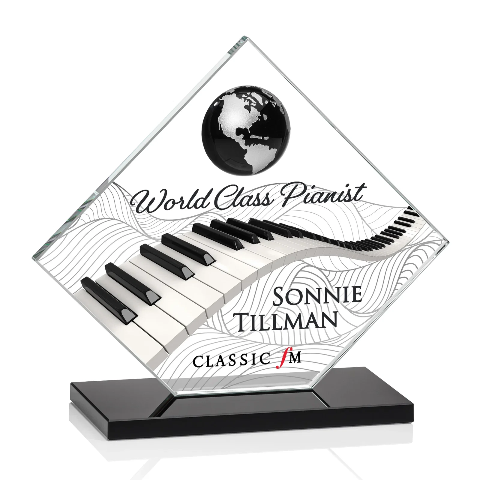 Custom printed Starfire Crystal Diamond Award With Frosted Continent Globe for dealer and partner awards