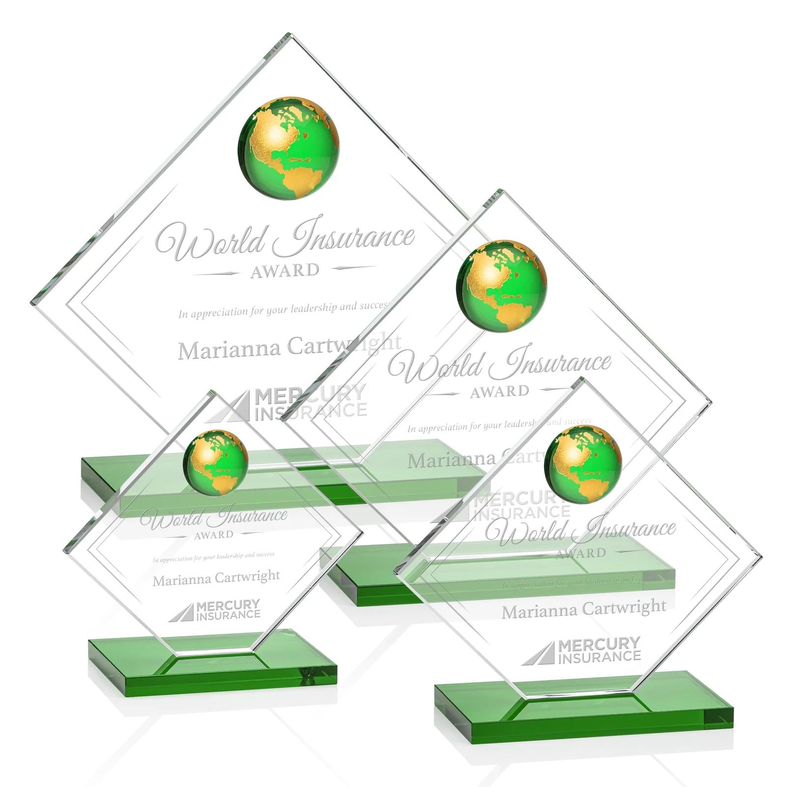 Custom Starfire Crystal Diamond Award With Frosted Continent Globe for team milestone celebrations