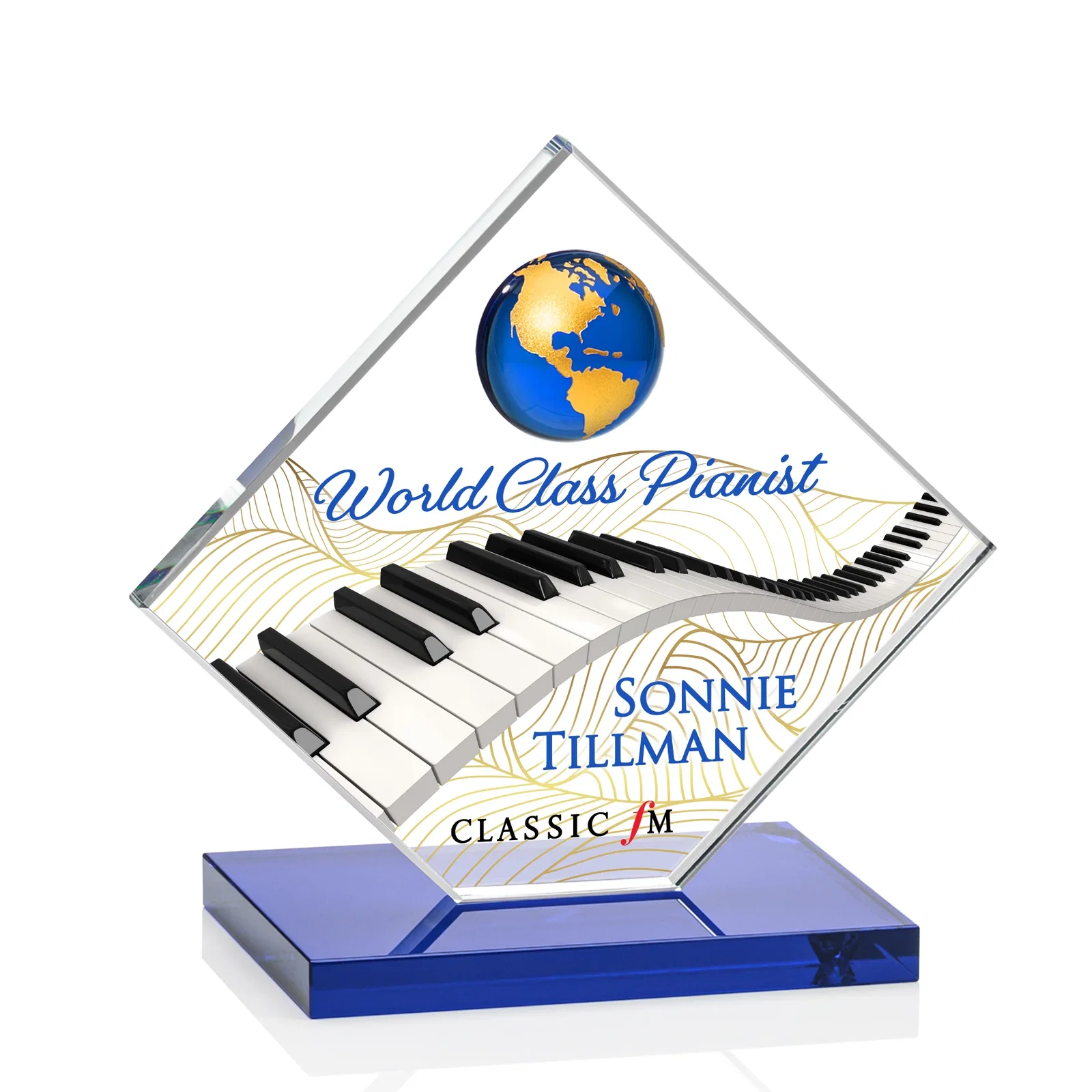 Customized Starfire Crystal Diamond Award With Frosted Continent Globe for corporate award ceremonies