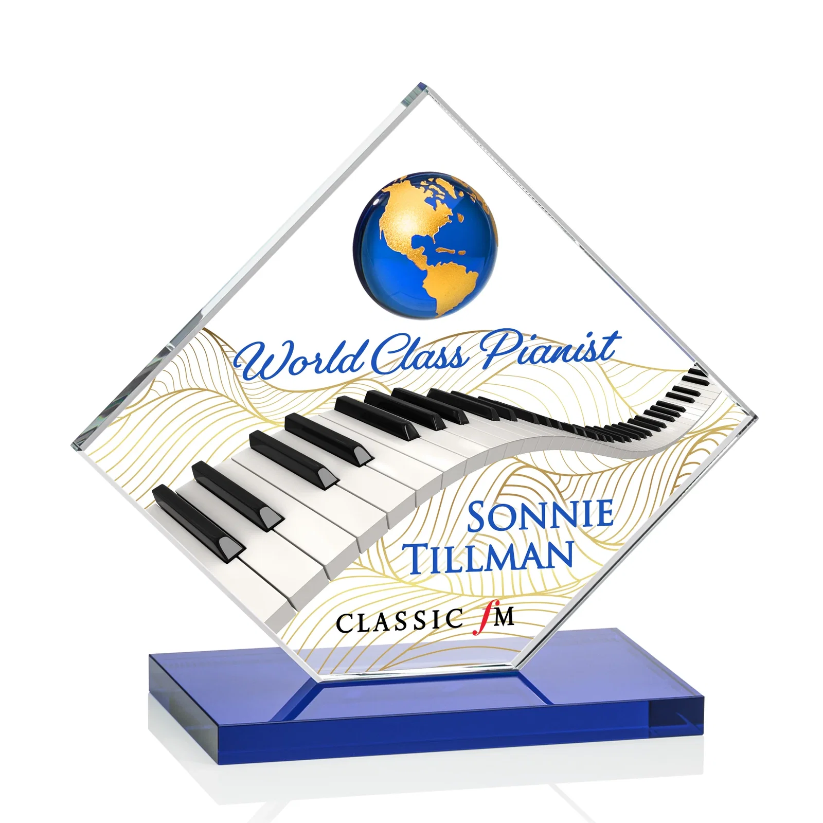 Customized Starfire Crystal Diamond Award With Frosted Continent Globe for service anniversary gifts