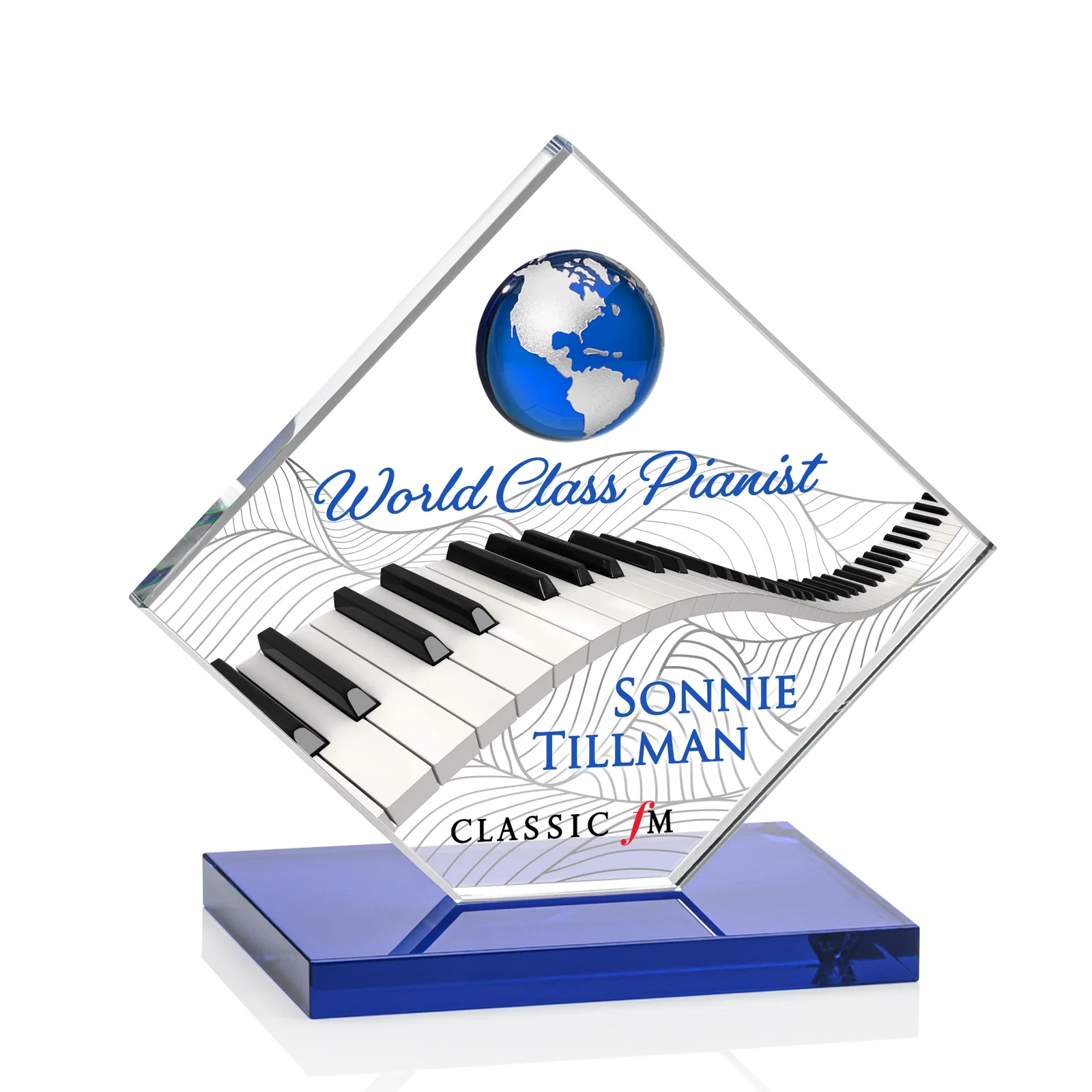 Customized Starfire Crystal Diamond Award With Frosted Continent Globe for donor appreciation
