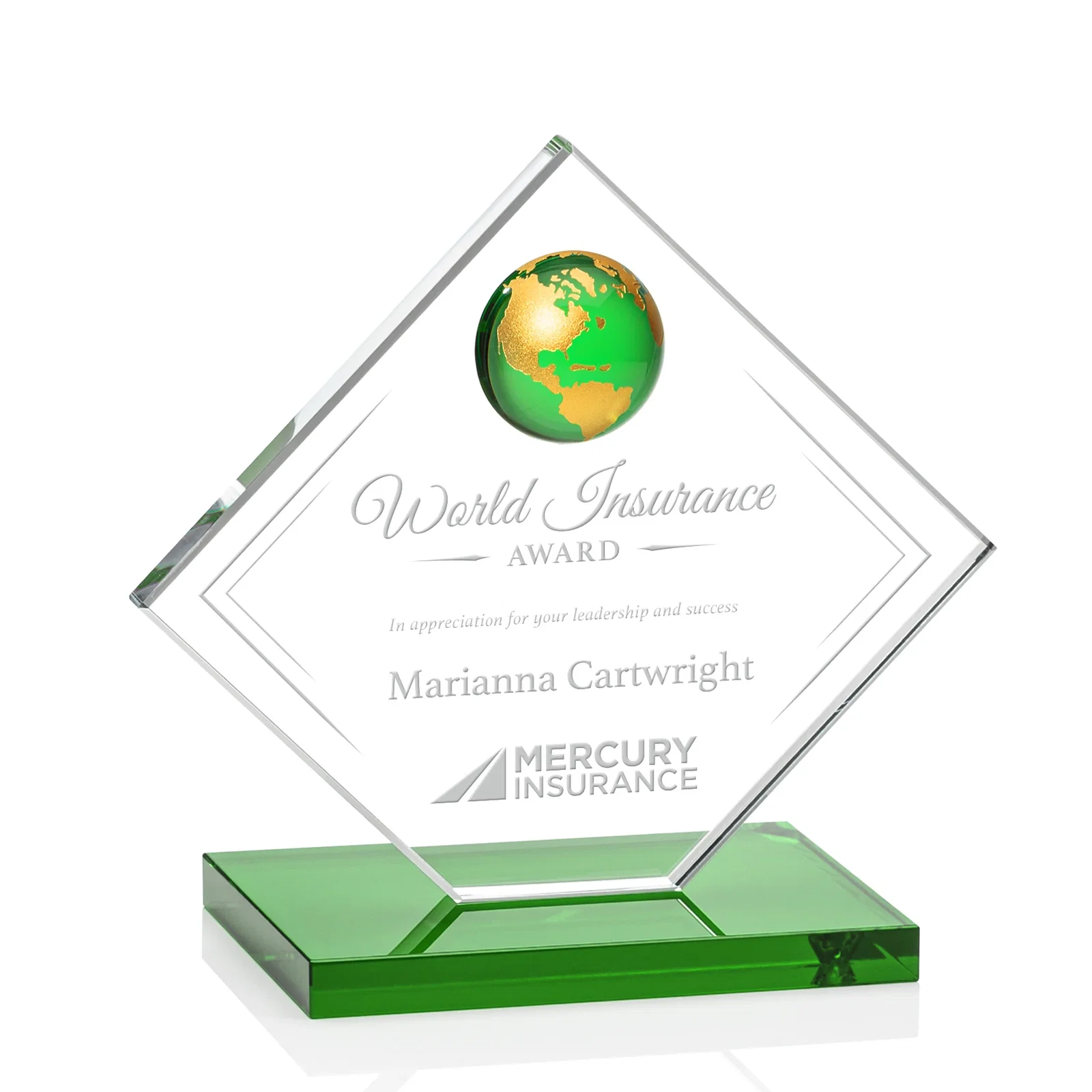 Custom Starfire Crystal Diamond Award With Frosted Continent Globe for donor appreciation