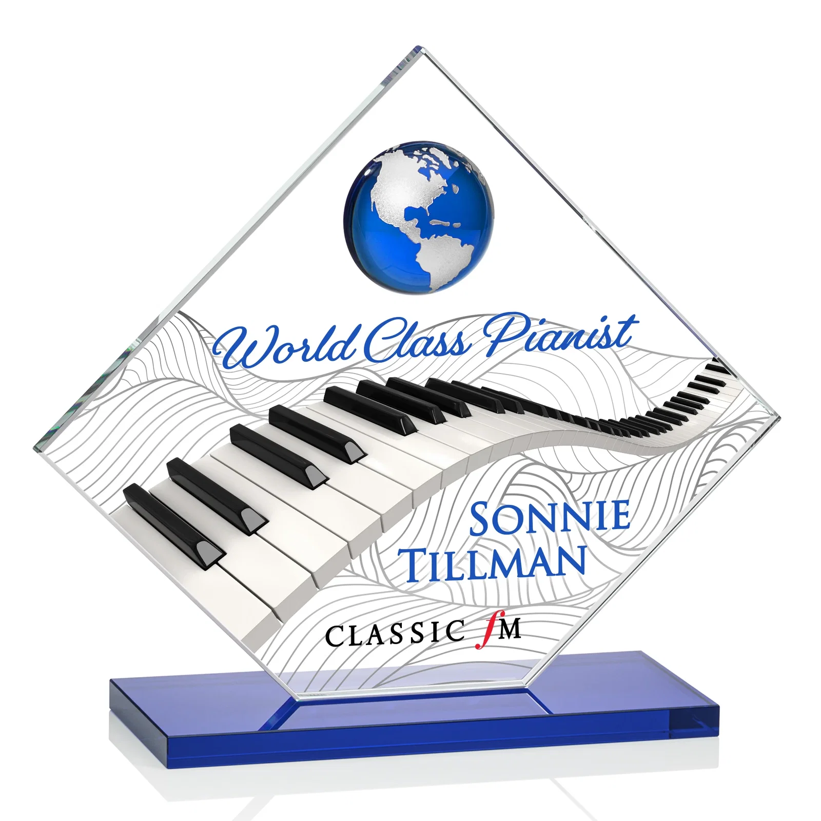 Customized Starfire Crystal Diamond Award With Frosted Continent Globe for volunteer appreciation