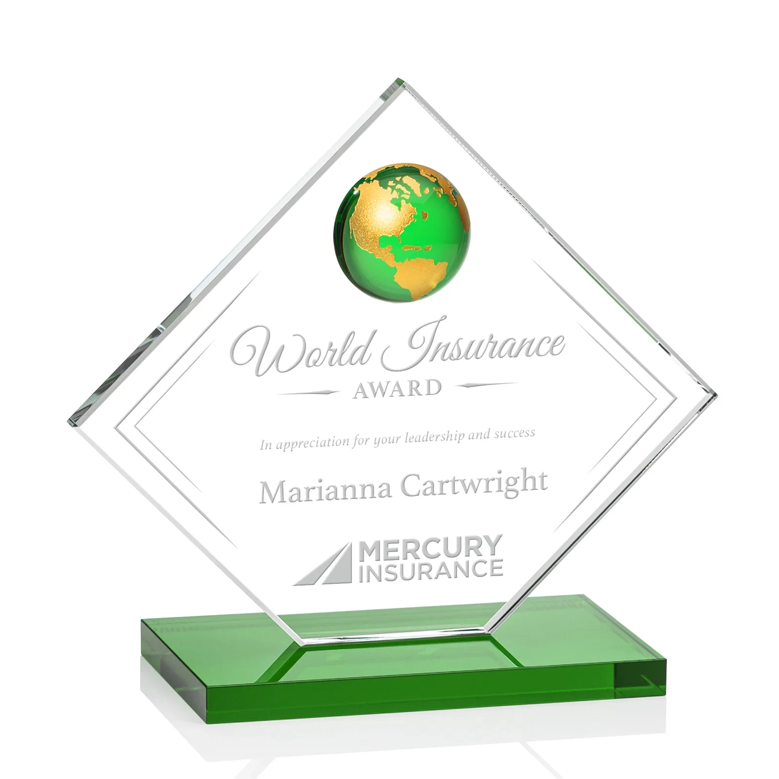 Custom Starfire Crystal Diamond Award With Frosted Continent Globe for graduation ceremonies