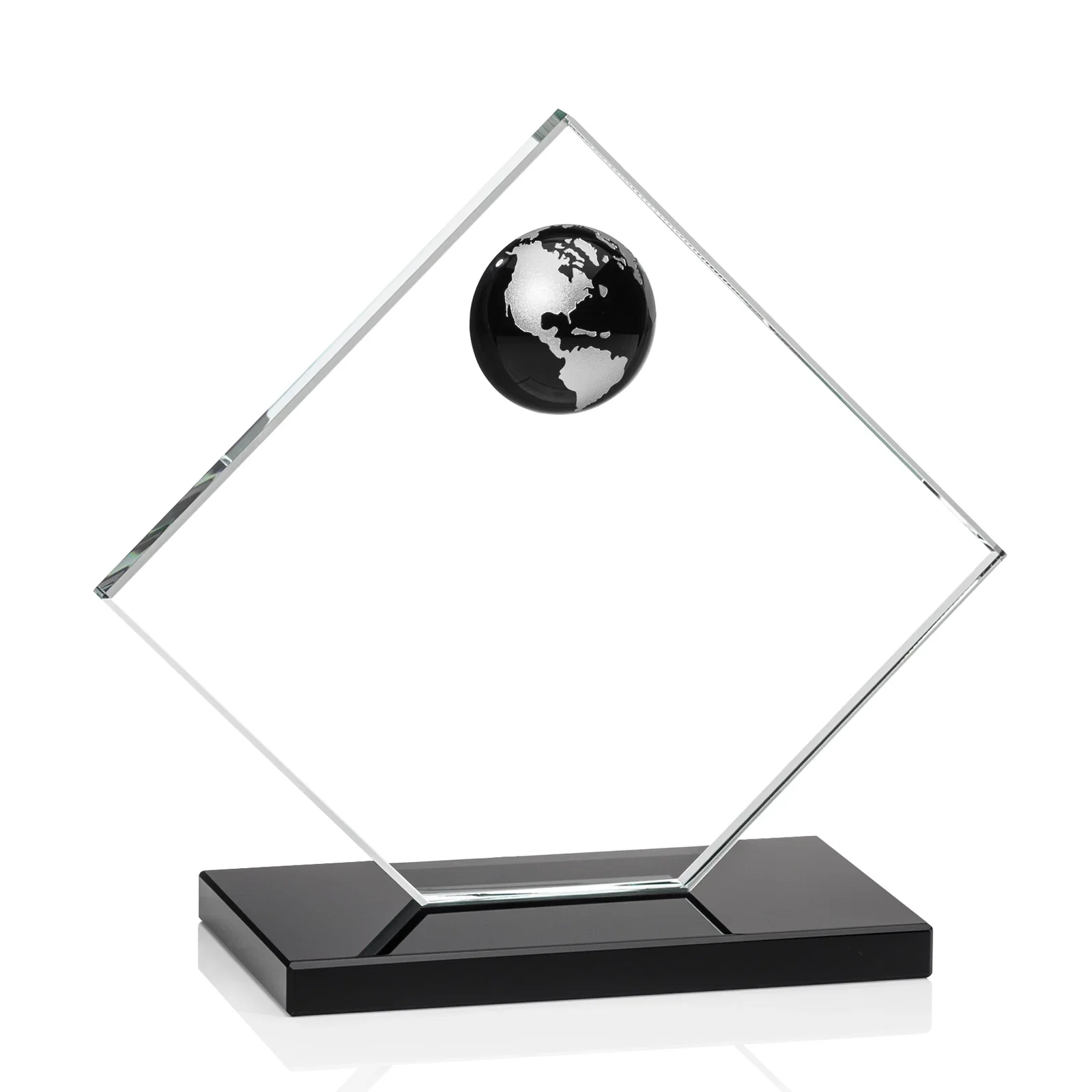 Custom Starfire Crystal Diamond Award With Frosted Continent Globe, with your logo for corporate award ceremonies