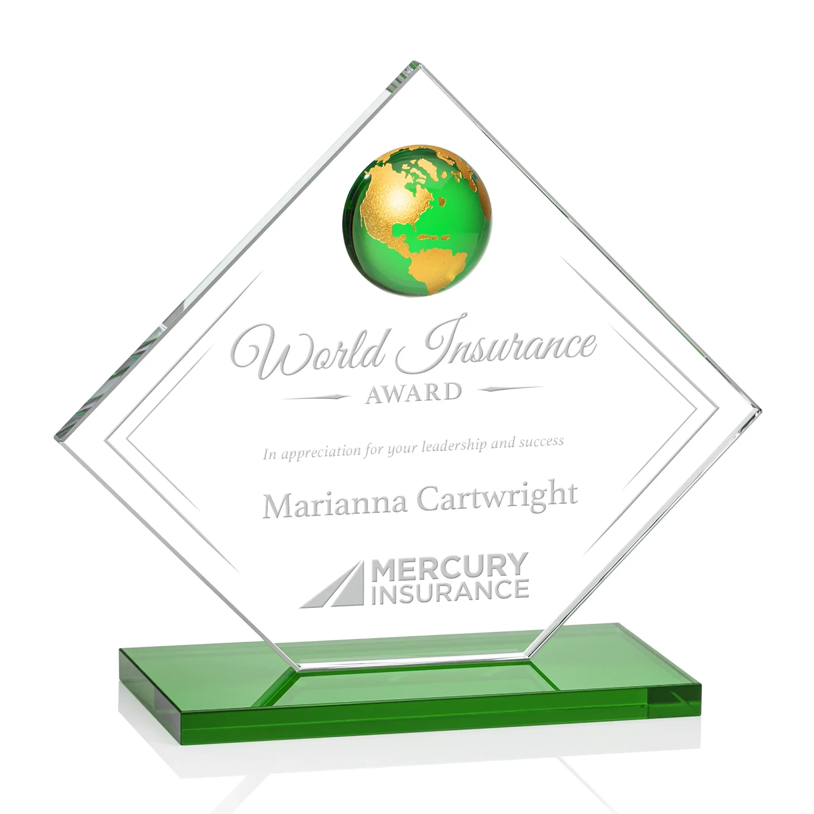 Custom Starfire Crystal Diamond Award With Frosted Continent Globe for safety achievement programs