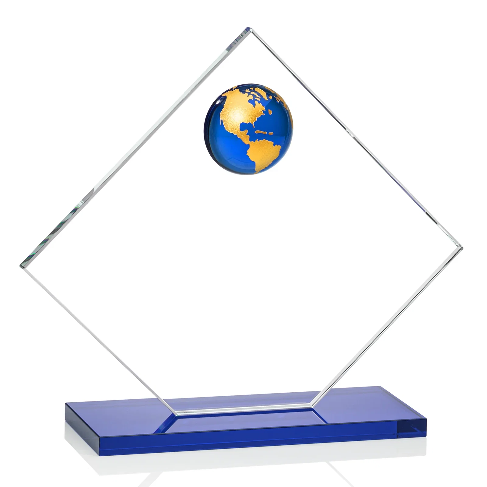 Custom Starfire Crystal Diamond Award With Frosted Continent Globe, with your logo for donor appreciation