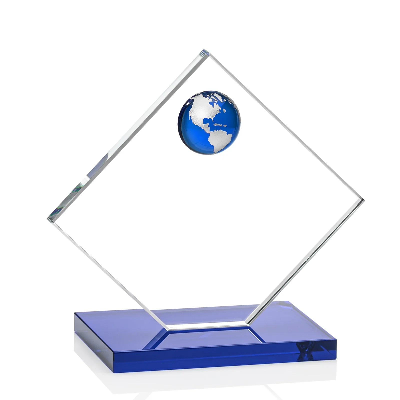 Custom Starfire Crystal Diamond Award With Frosted Continent Globe, with your logo for graduation ceremonies