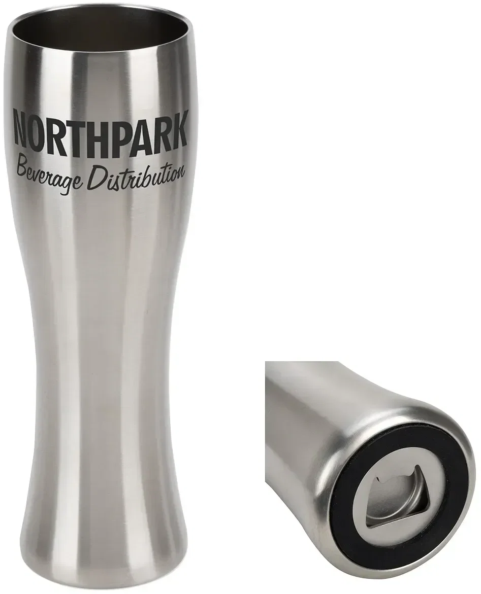 Custom Fest 19 oz stainless beer tumbler with bottle opener, front view
