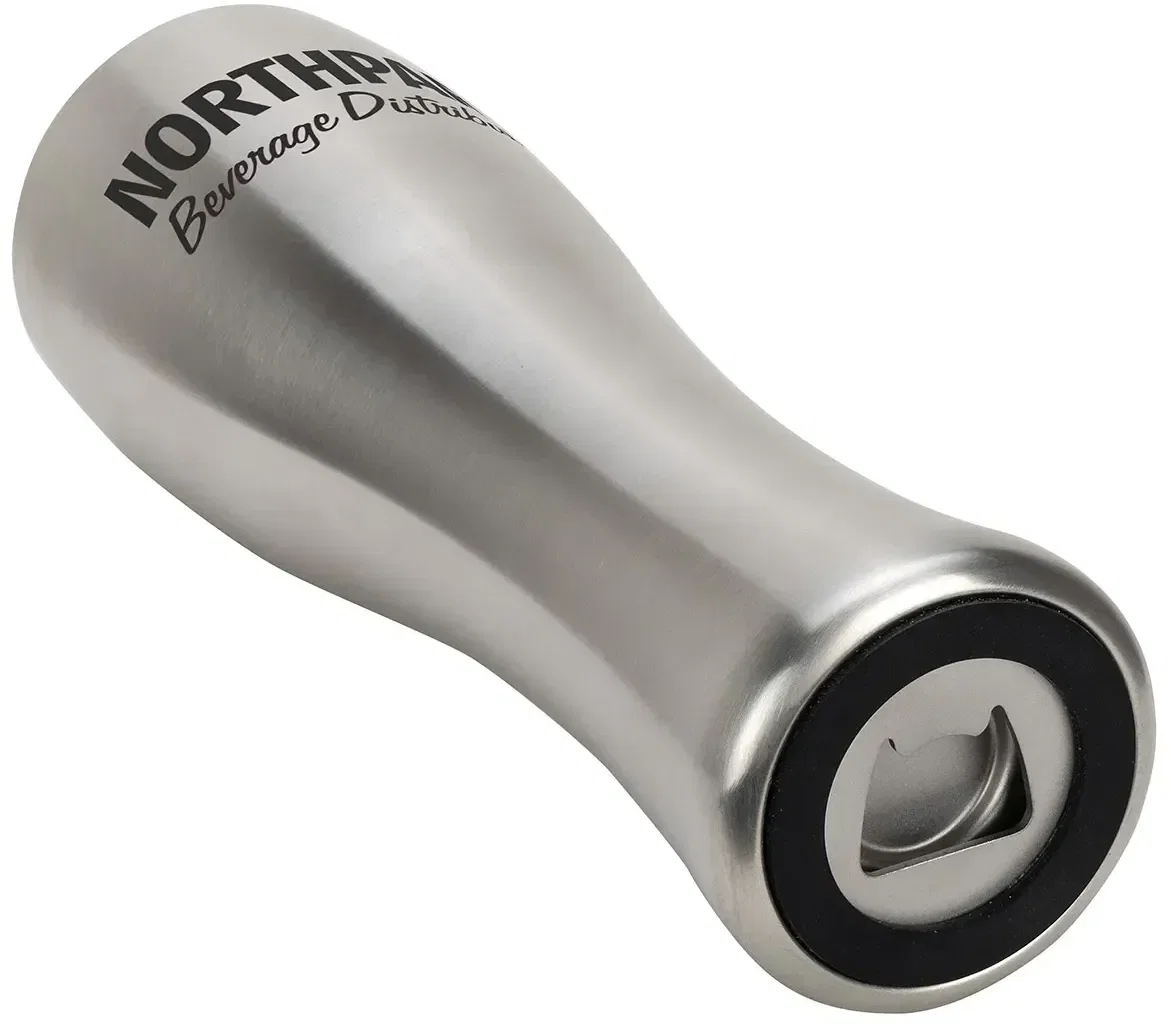 Branded stainless beer cup showing built-in bottle opener detail