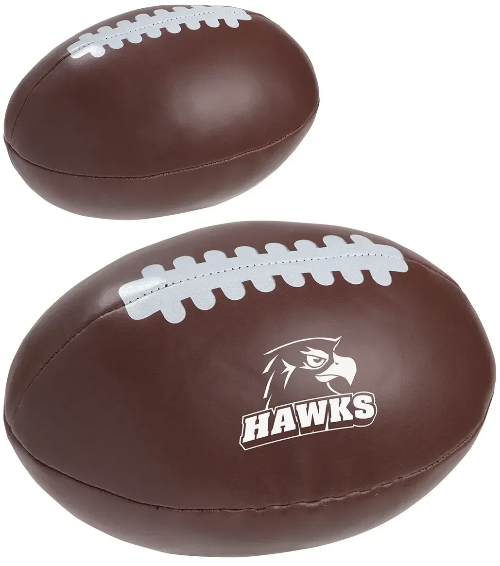 Custom branded Fiberfill soft vinyl football, front view of the promotional squeezable toy football with logo