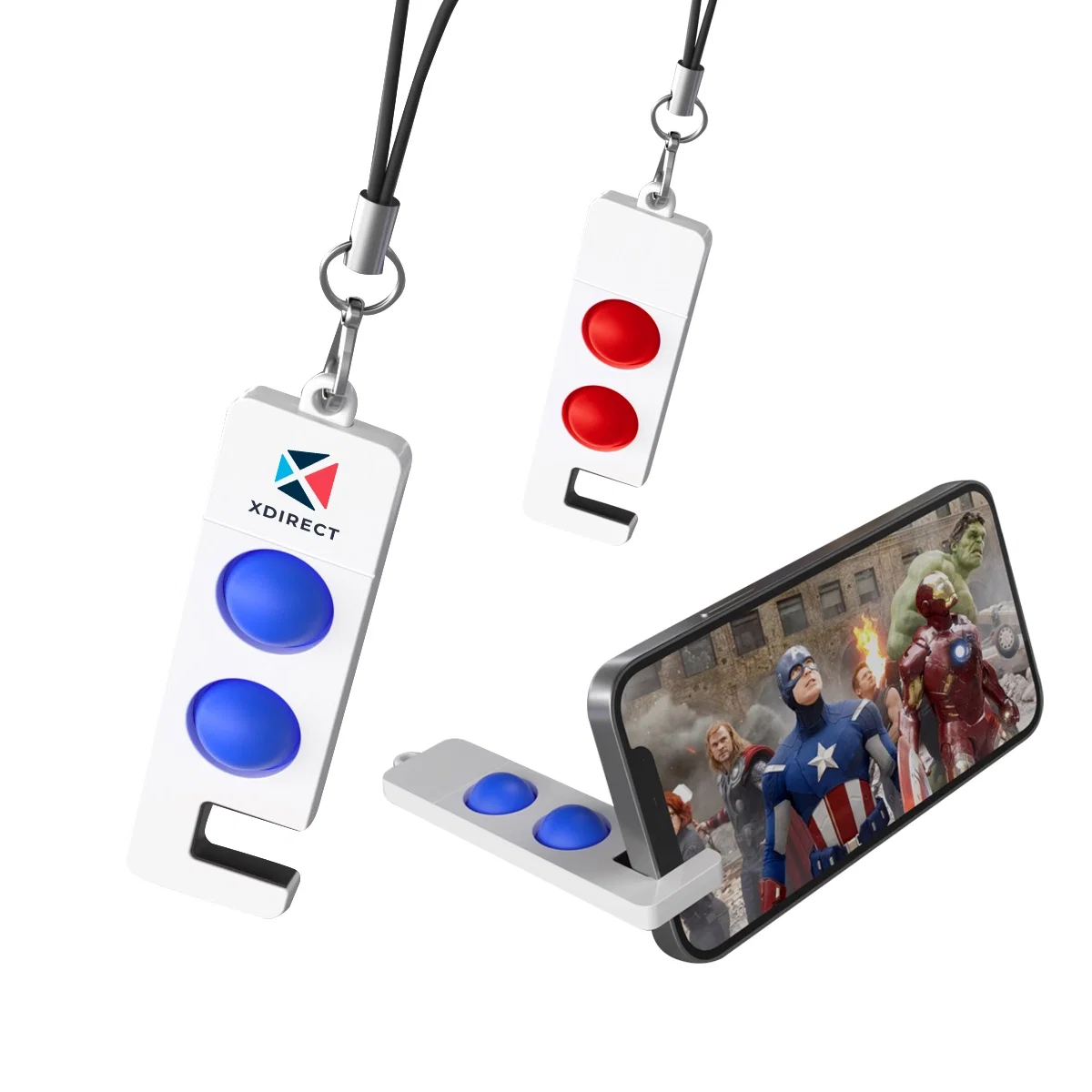 Fidget pop keychain that folds out into a phone stand