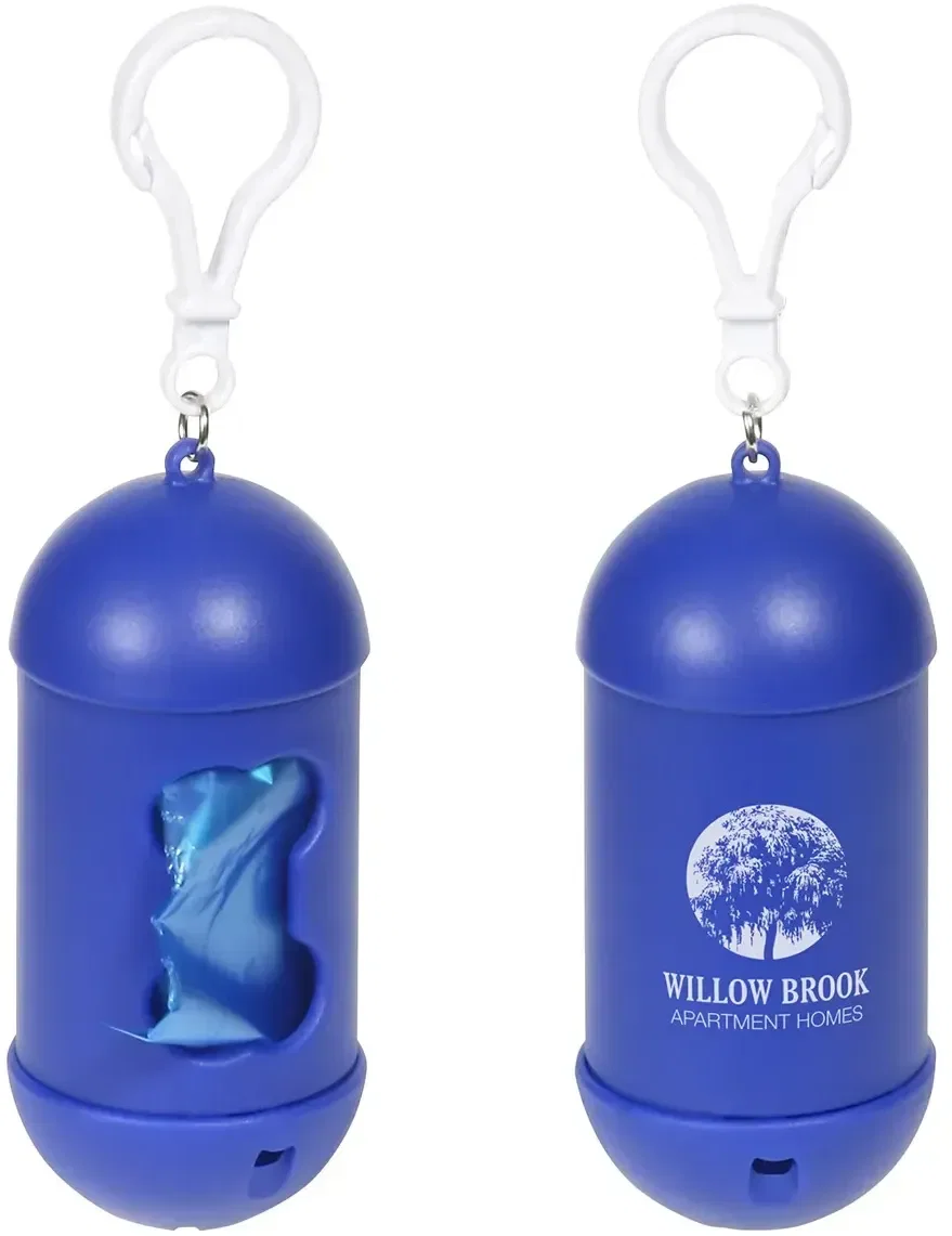 Fido clip-on pet waste bag dispenser, custom branded dog waste bag holder, hero view with logo