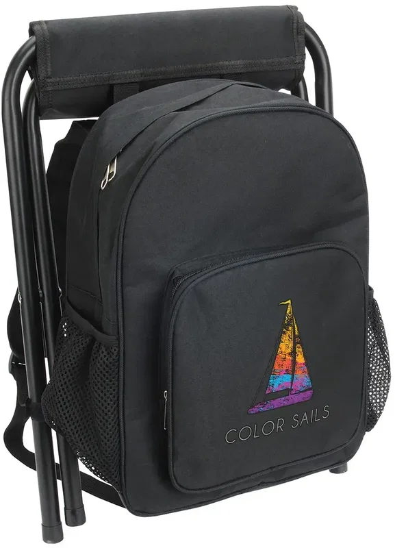 Branded folding-stool cooler backpack back panel and padded straps