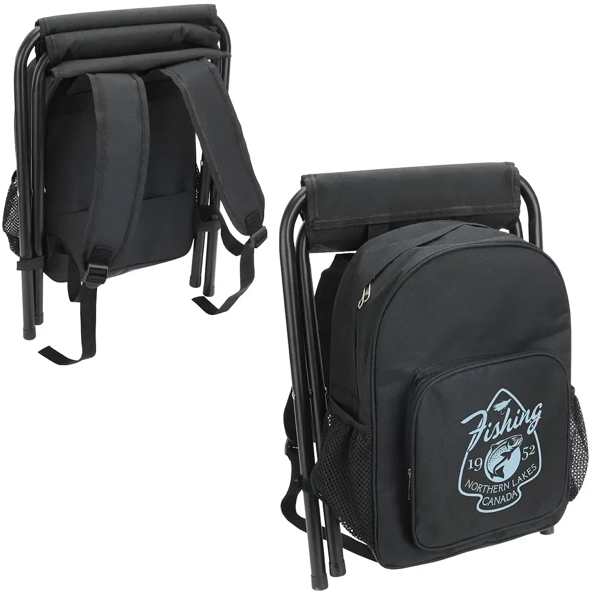 Custom Fieldcrest folding-stool cooler backpack, branded outdoor gift front view