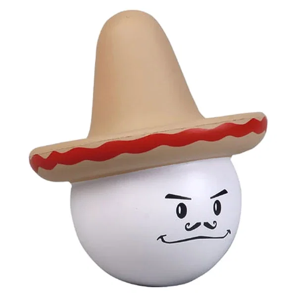 Stress reliever shaped like a head wearing a fiesta sombrero