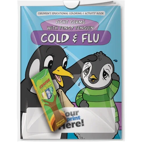 Fight Germs with Pengy Penguin cold and flu coloring book and crayons combo, hero front view