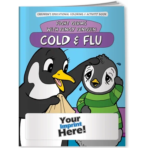 Pengy Penguin cold and flu coloring book cover with cartoon penguin, front page detail