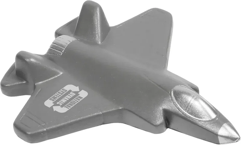 Fighter jet stress reliever with custom logo, branded jet-shaped promotional squeeze toy for airshows