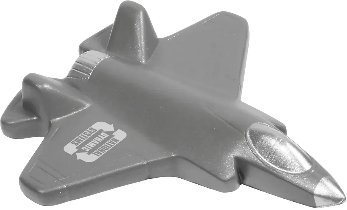 Fighter jet stress reliever with custom logo, branded jet-shaped promotional squeeze toy for airshows