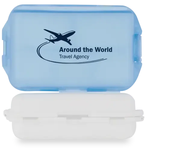 Fill, Fold and Fly Medicine Box. Folding six-compartment pill organizer box for pharmacy travel giveaways