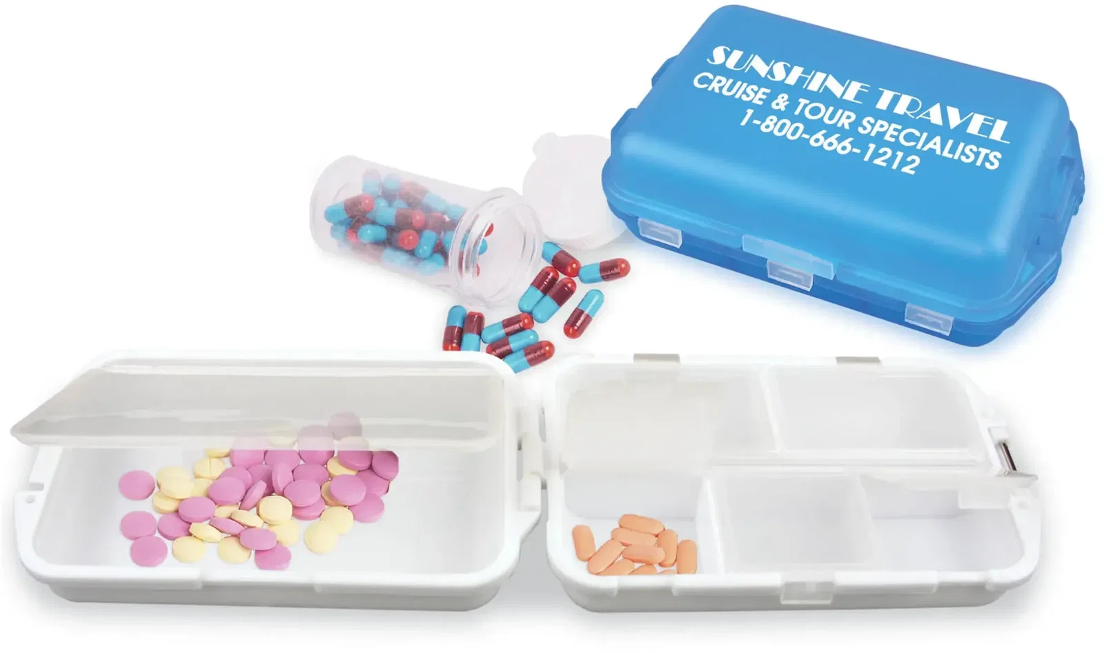 Fill, Fold and Fly Medicine Box. Folding six-compartment pill organizer box for pharmacy travel giveaways, view 2
