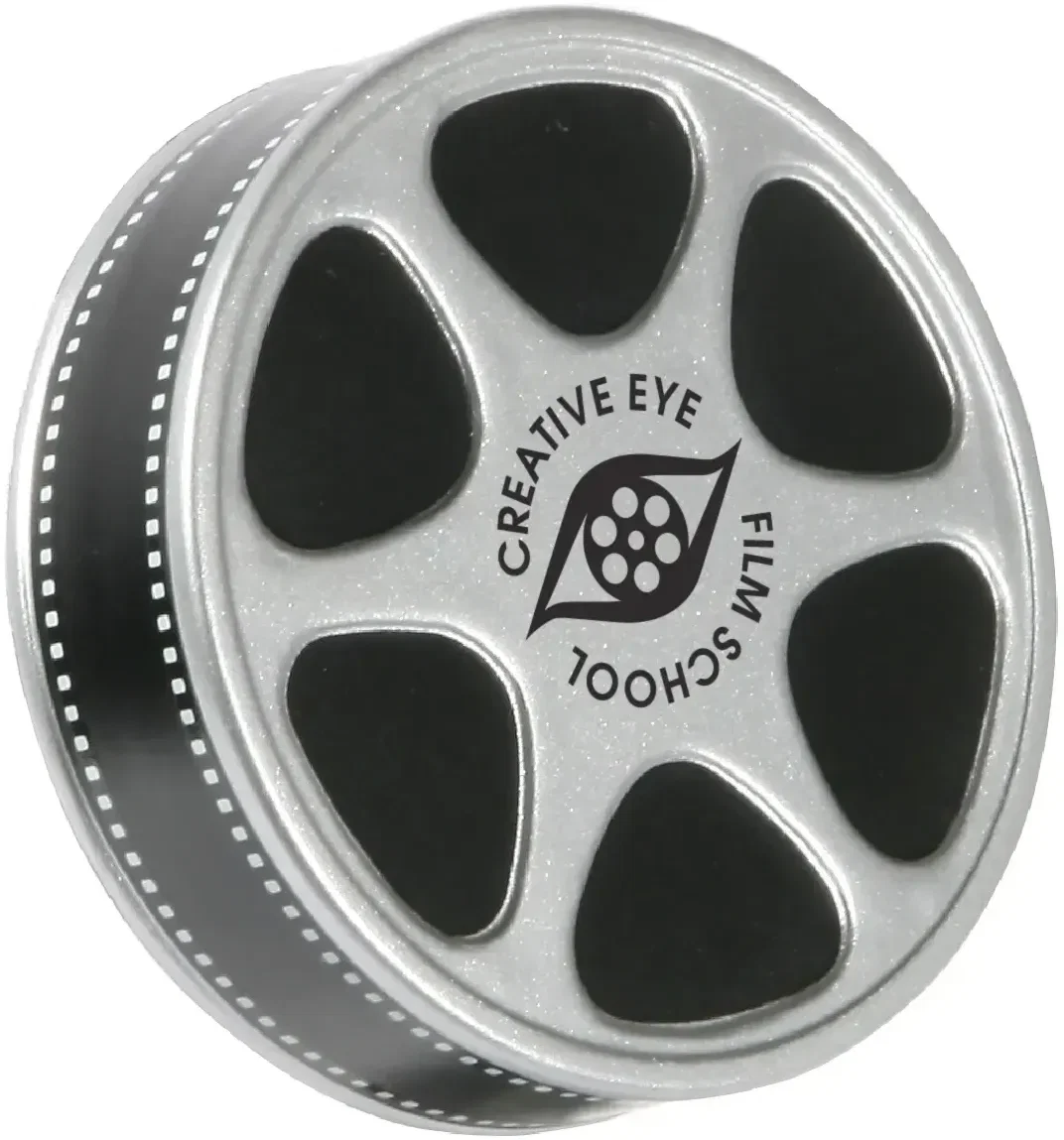 Film reel custom stress reliever, classic reel squeeze toy branded with logo, front view