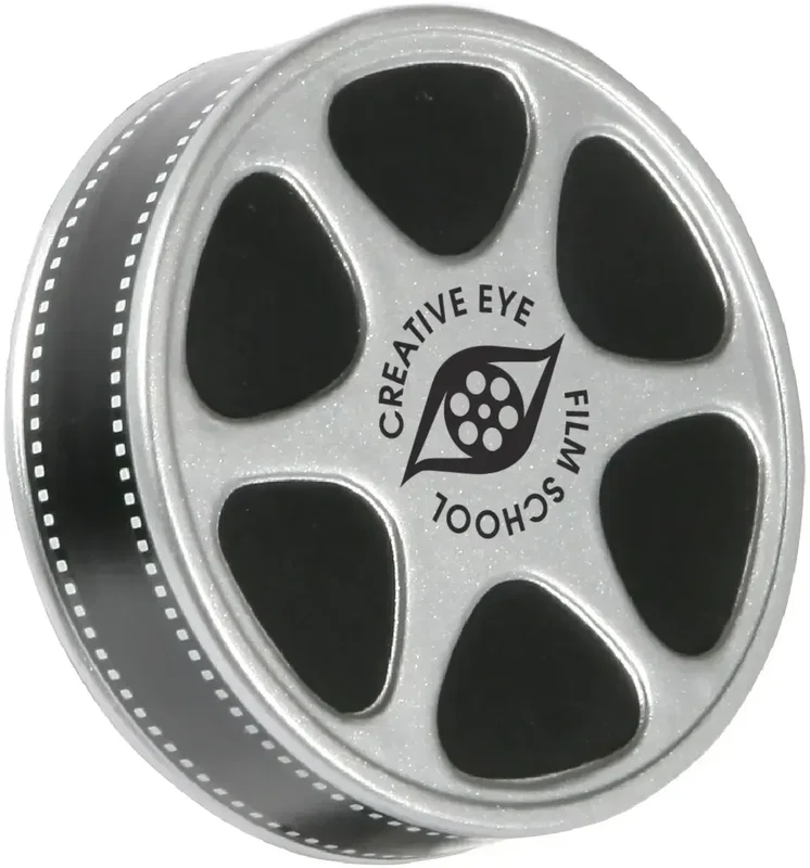 Film reel custom stress reliever, classic reel squeeze toy branded with logo, front view