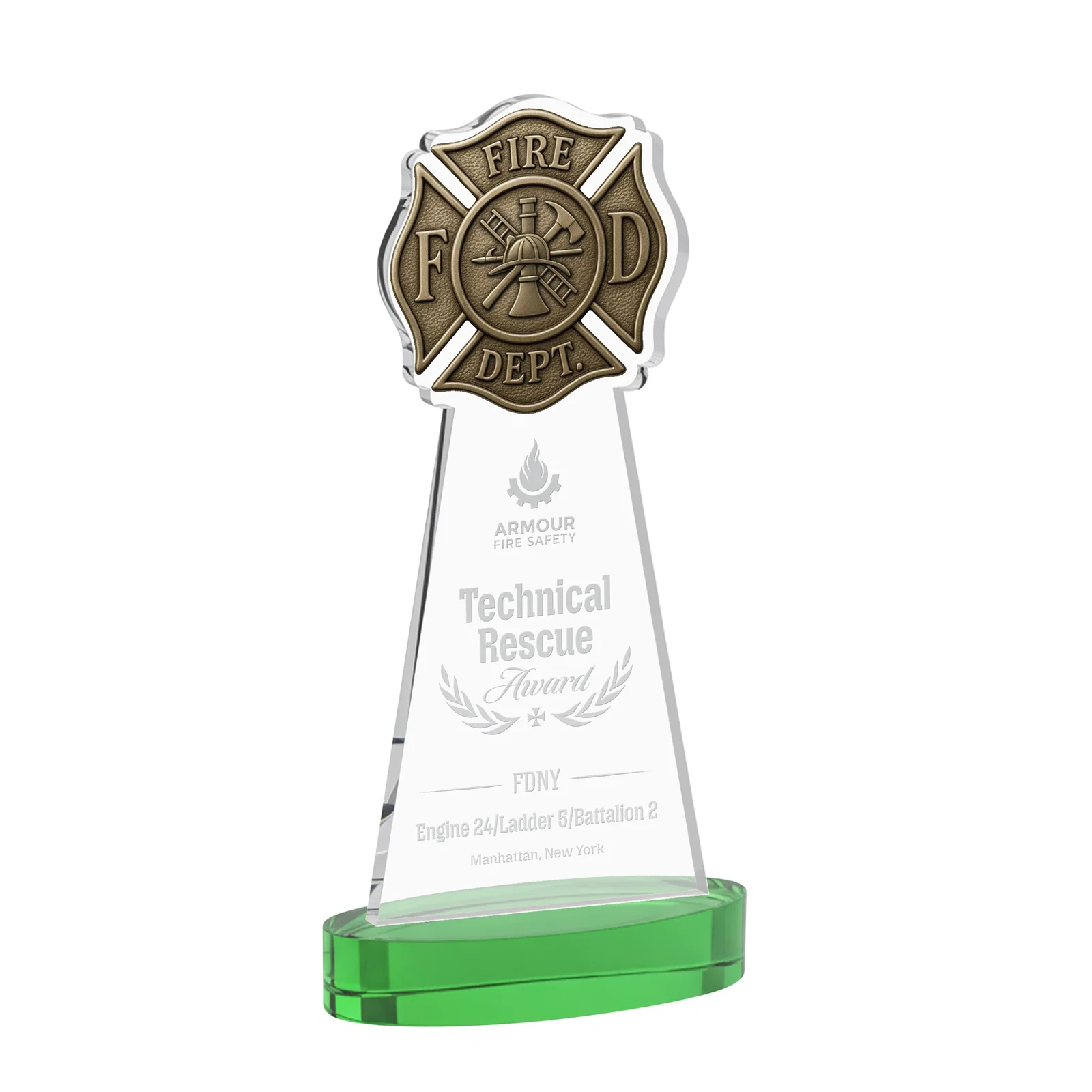 Personalized Starfire Crystal Fire Department Award on Round Alberton Base for service anniversary gifts